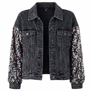 Flying Tomato Black Denim Sequin Sleeve Jacket Oversized L New Year’s Eve NWOT